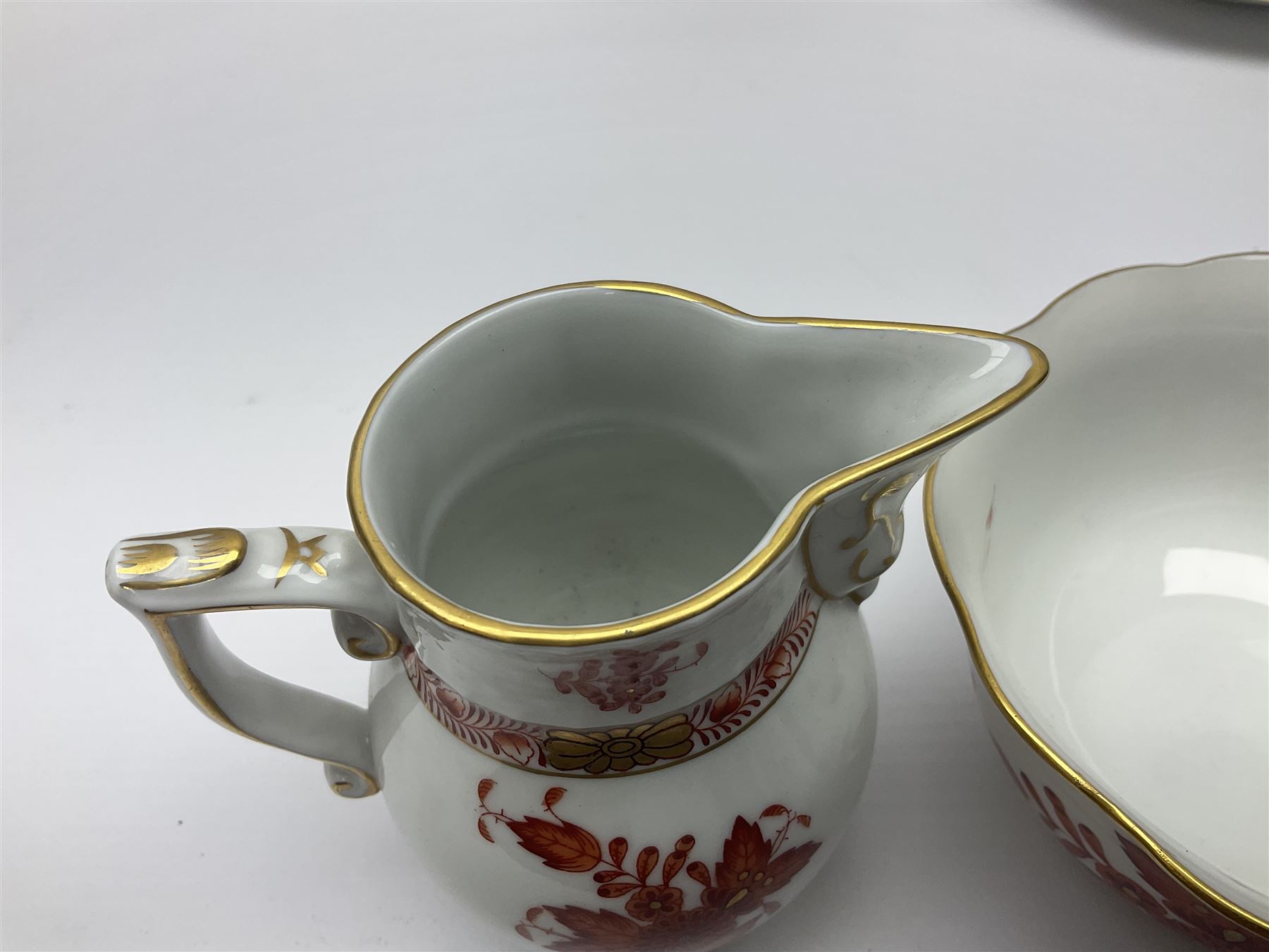 Herend Chinese Bouquet Rose pattern tea service comprising teapot, coffee pot, open sucrier, six cups and saucers, six tea plates, cream jug and stand, milk jug, two teabag holders, preserve pot, two leaf shaped dishes, four egg cups, salt & pepper pots, pair side plates and another plate