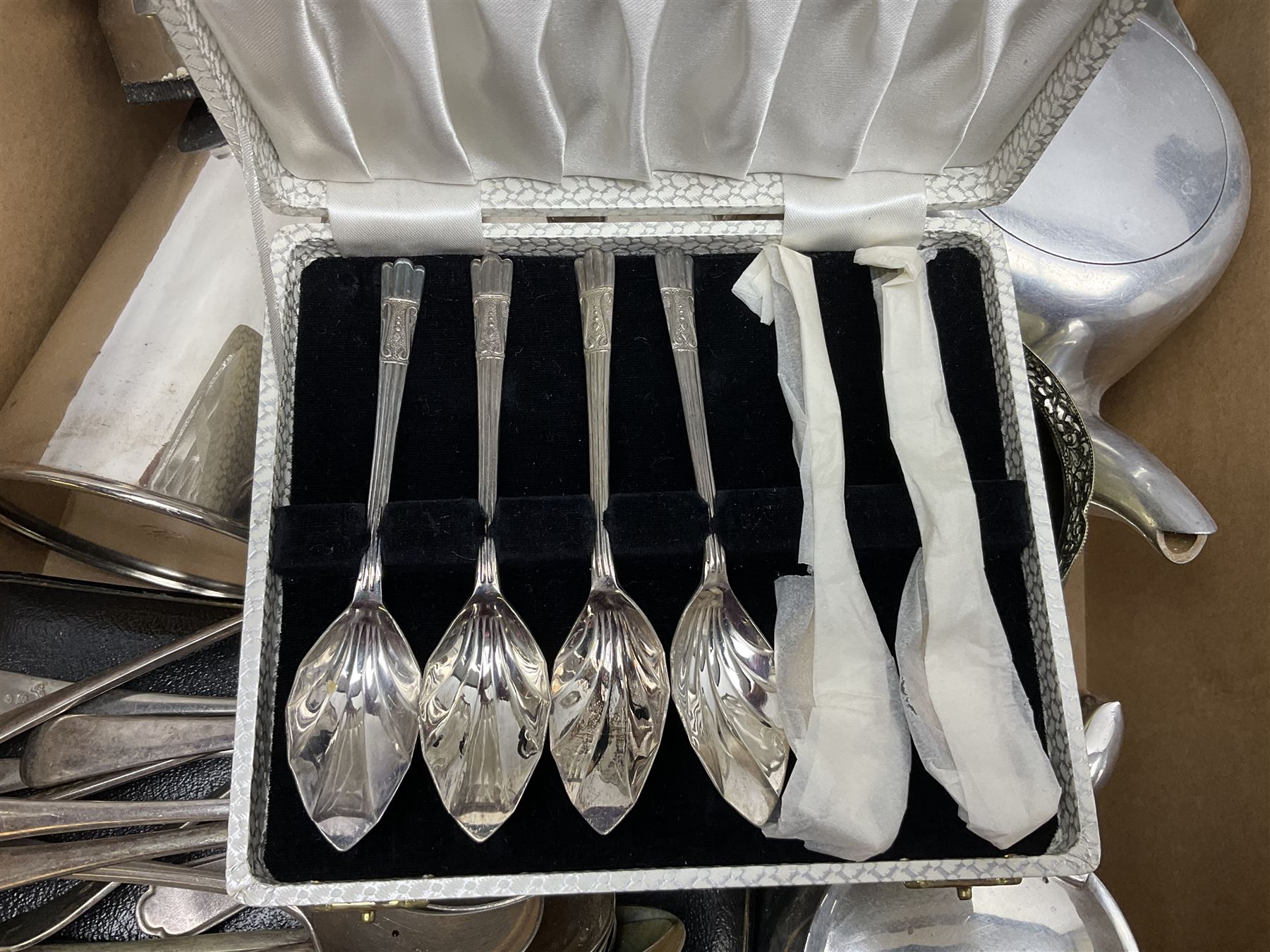 Collection of silver plate to include teapots, coffee pots, milk jug, sucrier, serving spoons, etc, together with pewter tankards 