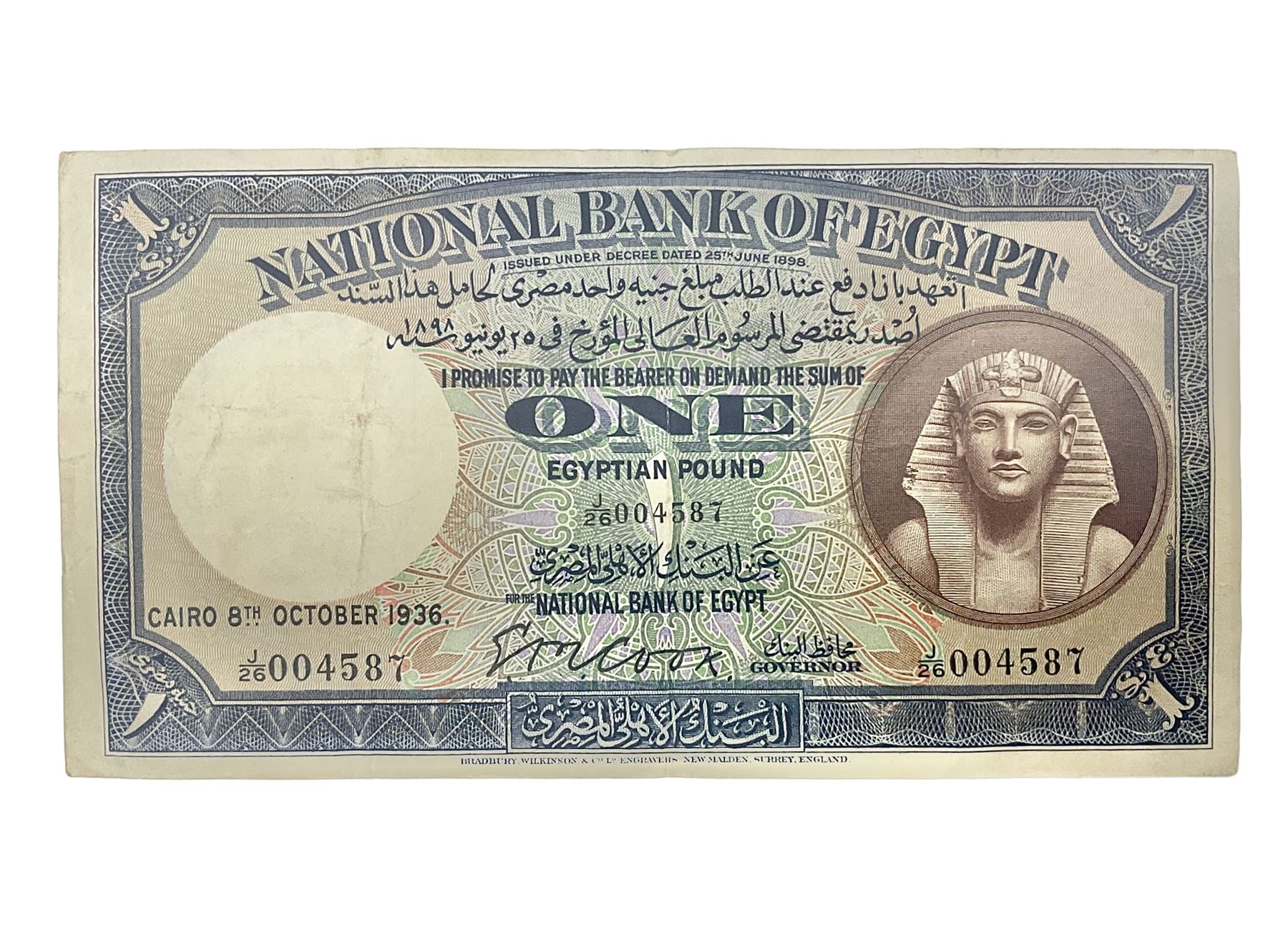 National Bank of Egypt 8th October 1936 one Egyptian pound note 'J/26 004587'