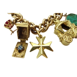 9ct gold curb bracelet with heart locket hallmarked,  with ten 9ct gold charms including stork carrying a baby, house, first aid box and an 18ct gold cross charm, all tested, hallmarked or stamped