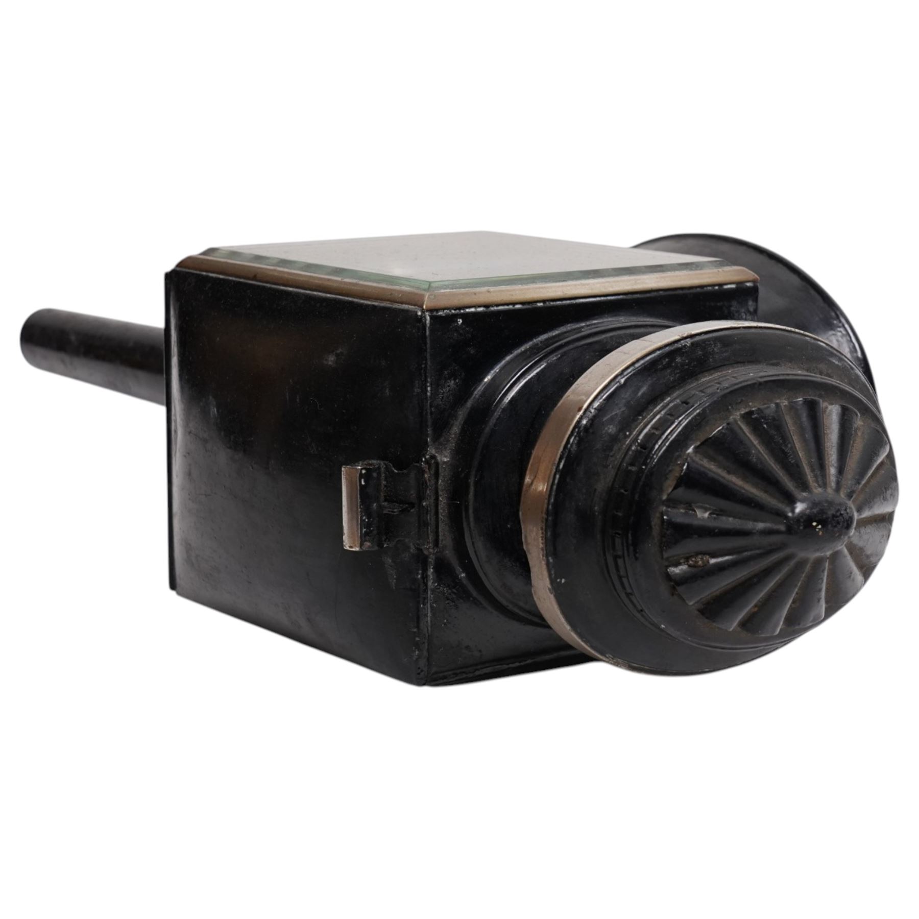 Hamshaw (Leicester) - pair of Edwardian white metal and toleware carriage lamps, the pagoda moulded with patera motif, over a rectangular body with oval convex lens and bevelled glass and reflective panels, cylindrical stem, maker engraved to candle mount
