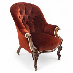 Victorian mahogany framed crimson velvet upholstered tub armchair, with buttoned back and ...