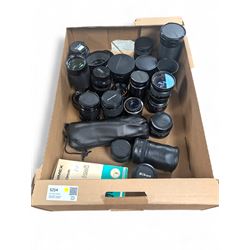 Collection of camera lenses, including and Olympus, Nikon, Sirius, Mamiya, Pentacon, Hanim...