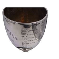 1930s silver trophy cup, of plain form, upon knopped stem and circular stepped foot, body with presentation engraving 'Cloughton and Burniston Sweet Pea Challenge Cup' with winners engraved verso, hallmarked Walker & Hall, Sheffield 1931, upon ebonised base, including base H28.7cm