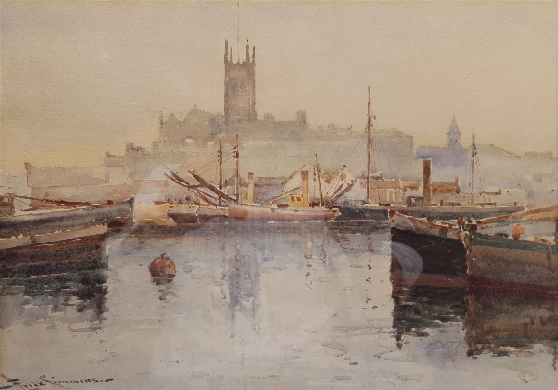 Charles Eyres Simmons (Cornwall 1872-1955): Penzance Harbour and Church, watercolour signed 24cm x 33cm
