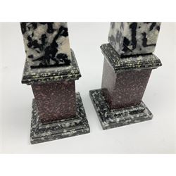Pair of 19th century Grand Tour marble, granite and porphyry obelisks, each of tapering form upon square plinth and stepped base, H20cm