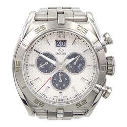 Jaguar gentleman's stainless steel chronograph quartz limited edition wristwatch, Ref. J654, silvered dial with triple register recording hours, minutes and continuous seconds and date aperture, on original stainless steel strap, with fold-over clasp