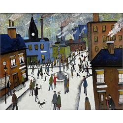 John Hanley (Northern British 1947-): 'Hope There's No Queue', oils and acrylic ink on canvas signed, titled verso 40cm x 50cm 