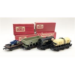 Hornby Dublo - 4644 21-Ton Hopper Wagon;4649 Low-Sided Wagon with tractor; 4680 Tank Wagon 'Esso' (Fuel Oil); and 4657 'United Dairies' Milk Tank Wagon; all boxed (4)