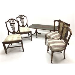 Pair of Edwardian chairs, shaped cresting rail, upholstered seats, turned tapering supports (W47cm) a fire screen, two other chairs and a leather top coffee table
