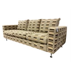 Orior - grande three seat modern sofa, upholstered in beige patterned fabric, raised on tapering chrome feet