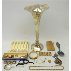  Early 20th century silver posy vase, Sheffield 1919, on weighted base, set of six engraved teaspoons stamped 356, hallmarked silver rat tail soup spoon, silver salt spoons, cuff links, locket, gold plated heart shaped locket and other jewellery in one box  