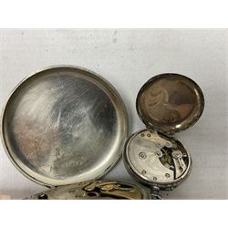 Three silver cased open face pocket watches, together with two other watches, horn pendent etc 
