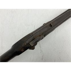 20th century Indian percussion musket, the 76cm barrel with two bands, indistinctly inscribed lock-plate, walnut full stock stamped 642 with brass butt and trigger guard and under barrel ramrod channel L121cm overall