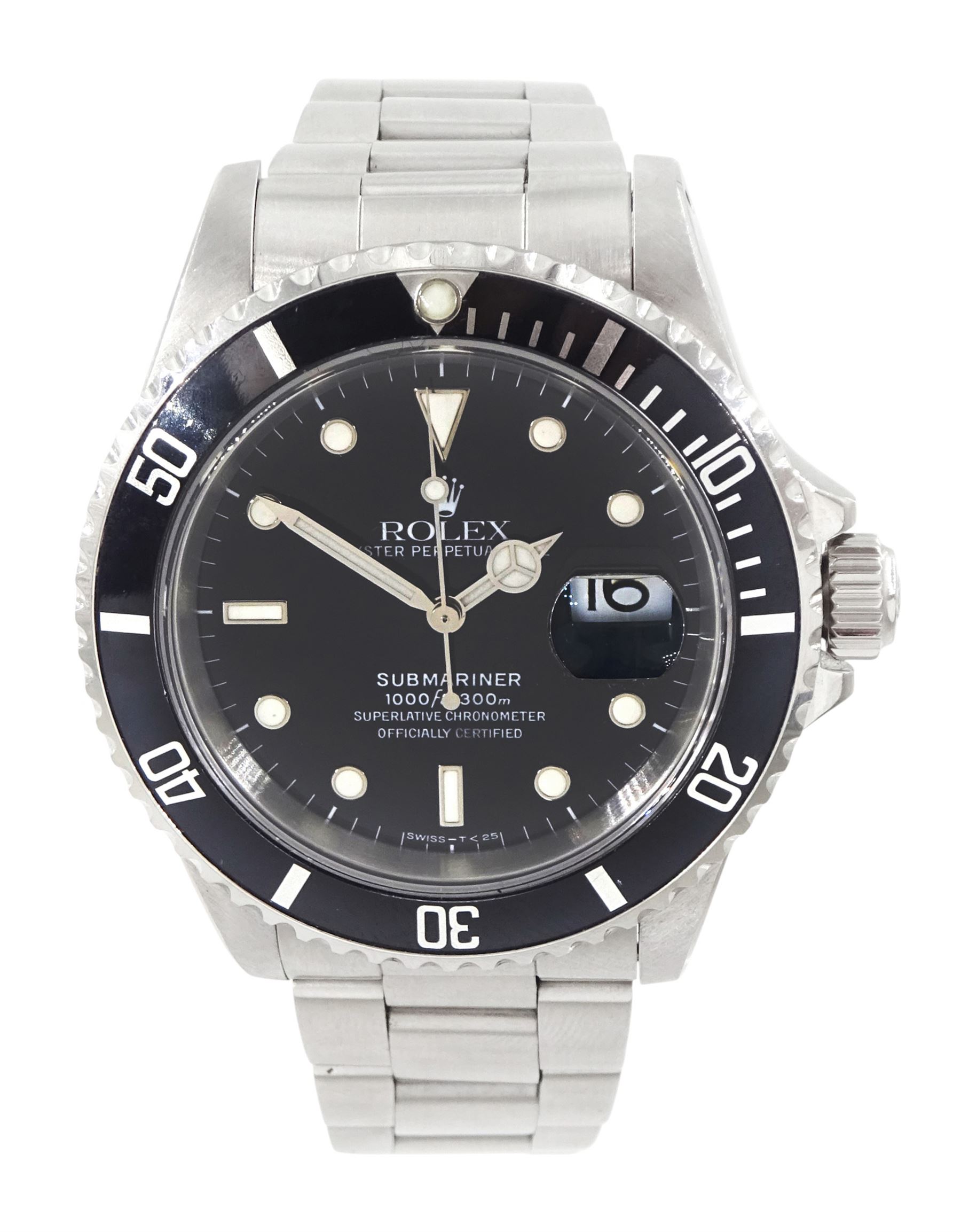 Rolex Oyster Perpetual Submariner Date stainless steel  automatic wristwatch, Ref. 16610, Serial No. L438272, black dial with luminous filled dot hour markers, baton quarters, white outer minute divisions, magnified date aperture at 3, polished Mercedes hands with luminous inserts, on Oyster stainless steel bracelet, with fold-over clasp