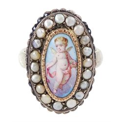 19th century French silver enamel portrait ring, set with an oval hand painted panel of a ...