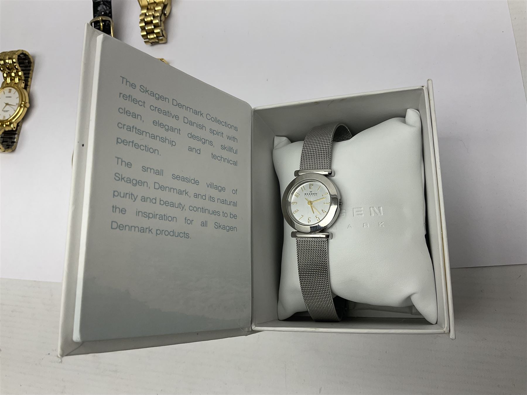 Two ladies Skagen wristwatches, to include 107SGSC and 107SGGD, both on stainless steel mesh straps, boxed, together with four other ladies wristwatches (6)