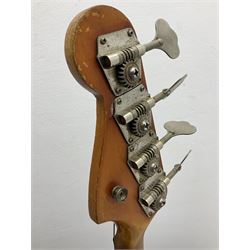 1963 Fender Jazz three-knob bass guitar; impressed with date code 7AUG63A on end of neck and serial no.L08587 on back plate; all original but re-finished in white in the 1970s; sold with photographs of the instrument in the 1960s with original finish and in the 1970s re-finished; L117.5cm; in original hard carrying case; Provenance: the professional guitar of Howard Livett from new to his death in 2005. Howard played in The Humperdincks, the backing group for Englebert Humperdinck, also played in the backing group for Max Bygraves and in the band Hedgehoppers Anonymous. The guitar is also sold with a manuscript letter of provenance from Howard's wife.