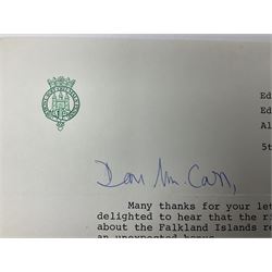 HRH Philip Duke of Edinburgh - typed letter on Edmonton Plaza Hotel Canada headed notepaper dated 5th August 1978 acknowledging receipt of a letter regarding Falklands Islands relics and postponement of an interview; signed 'Yours Sincerely Philip'