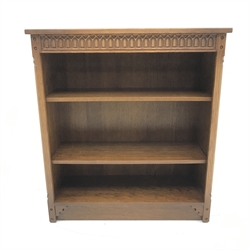 Medium oak open bookcase, two adjustable shelves, W92cm, H101cm, D34cm 