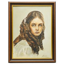 American School (Mid-20th century): Portrait of Girl, oil on canvas inscribed 'Linda' and dated 1973, 40cm x 30cm