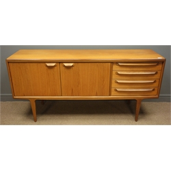  Mid to late 20th century, 'Younger' teak sideboard, two cupboard doors, four short drawers, 'Younger' label in top drawer, four tapering supports, W168cm, H80cm, D46cm  