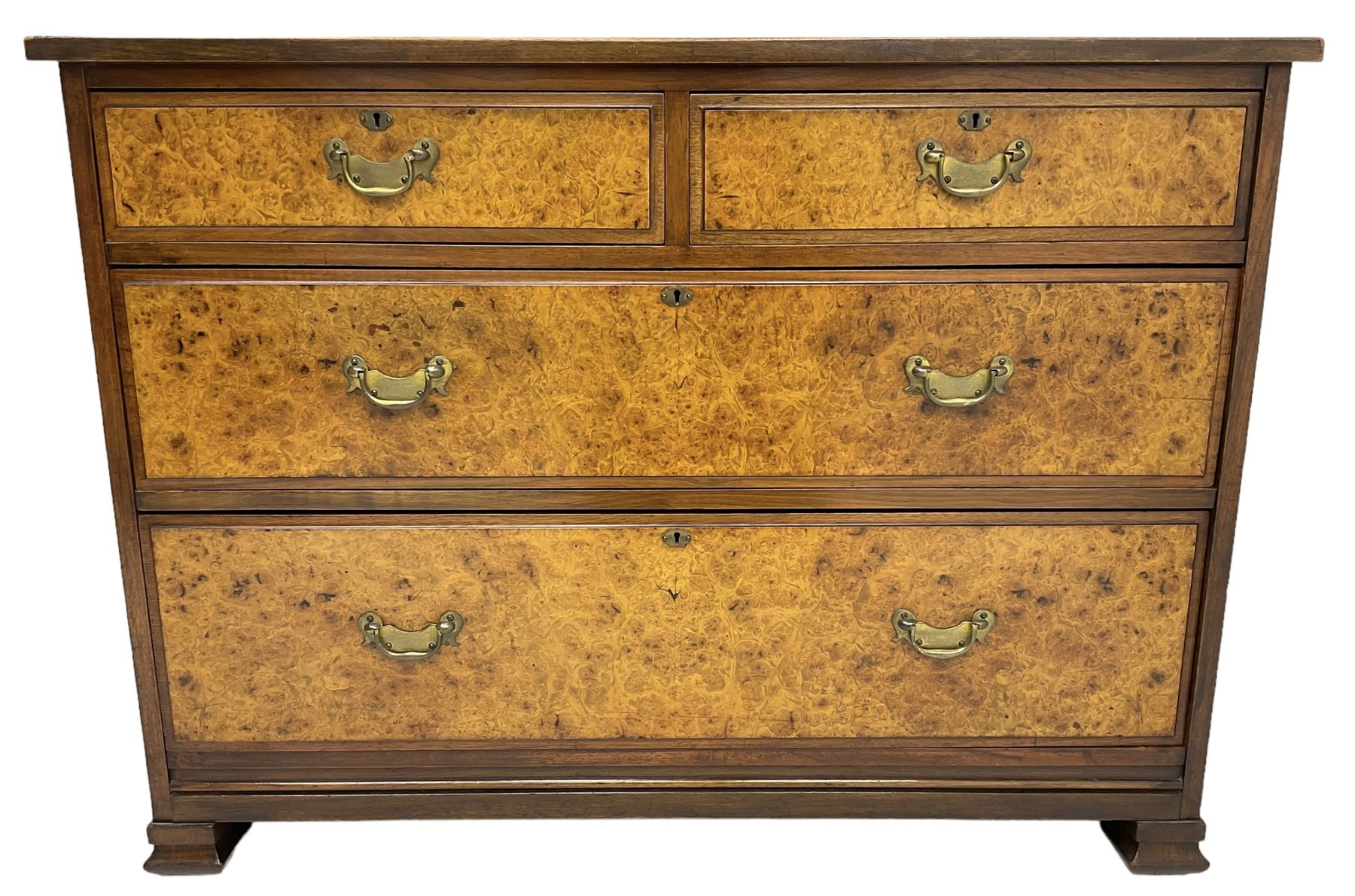 Late Victorian walnut straight-front chest, fitted with two short over two long figured drawers, on ogee rectangular feet