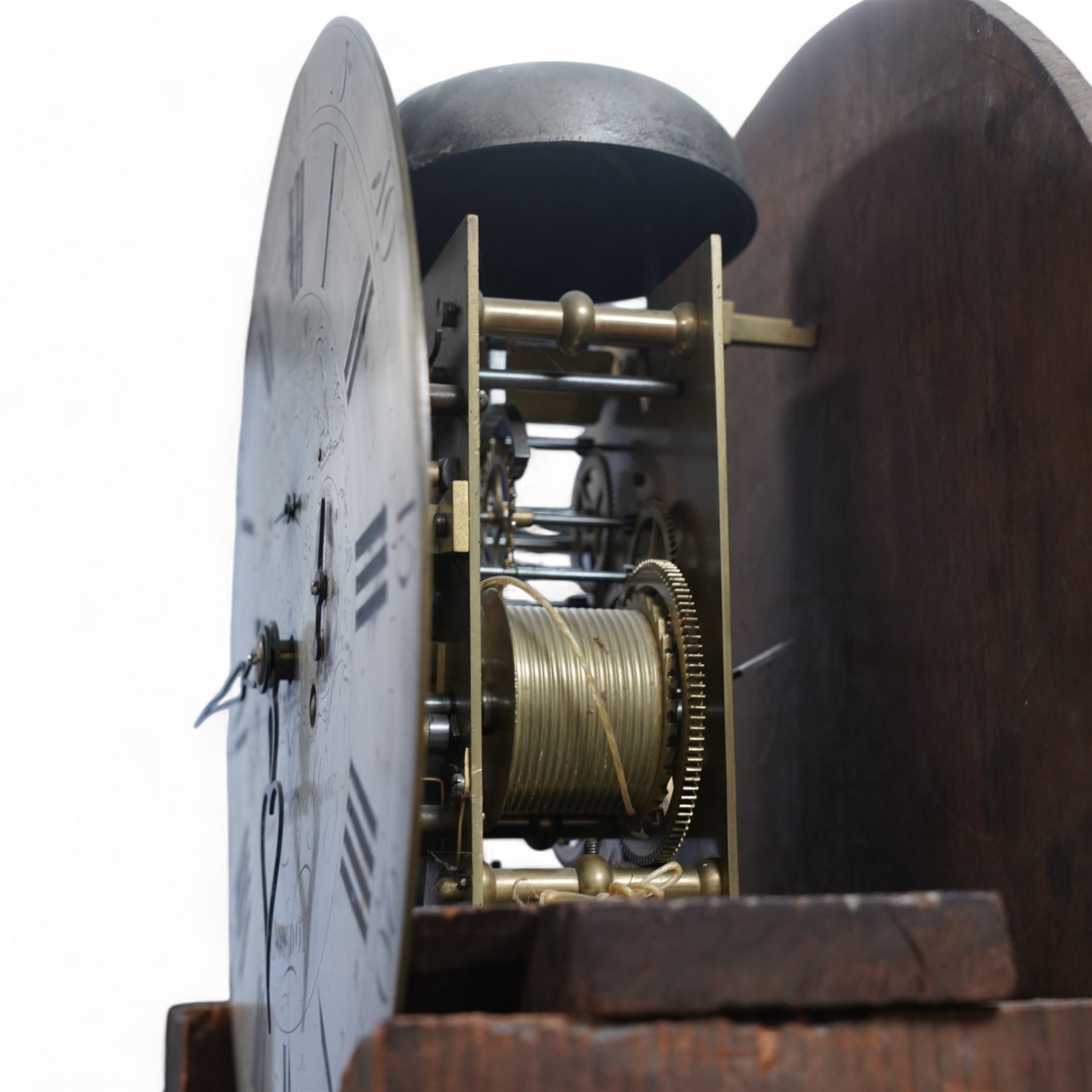Michael Gottlob Schwarz of London-Early 19th century 8-day mahogany domestic regulator clock c1800, hood with a break arch pediment, silk backed side frets and circular glazed hood door, trunk with a conforming door on a rectangular plinth with a stepped base, silvered dial with an engraved centre, subsidiary seconds, date and strike/silent dials, engraved minute track, Roman numerals, five minute Arabic's and matching steel hands, five pillar rack striking movement with a dead beat escapement striking the hours on a bell. With two brass cased weights, pendulum and key.  

