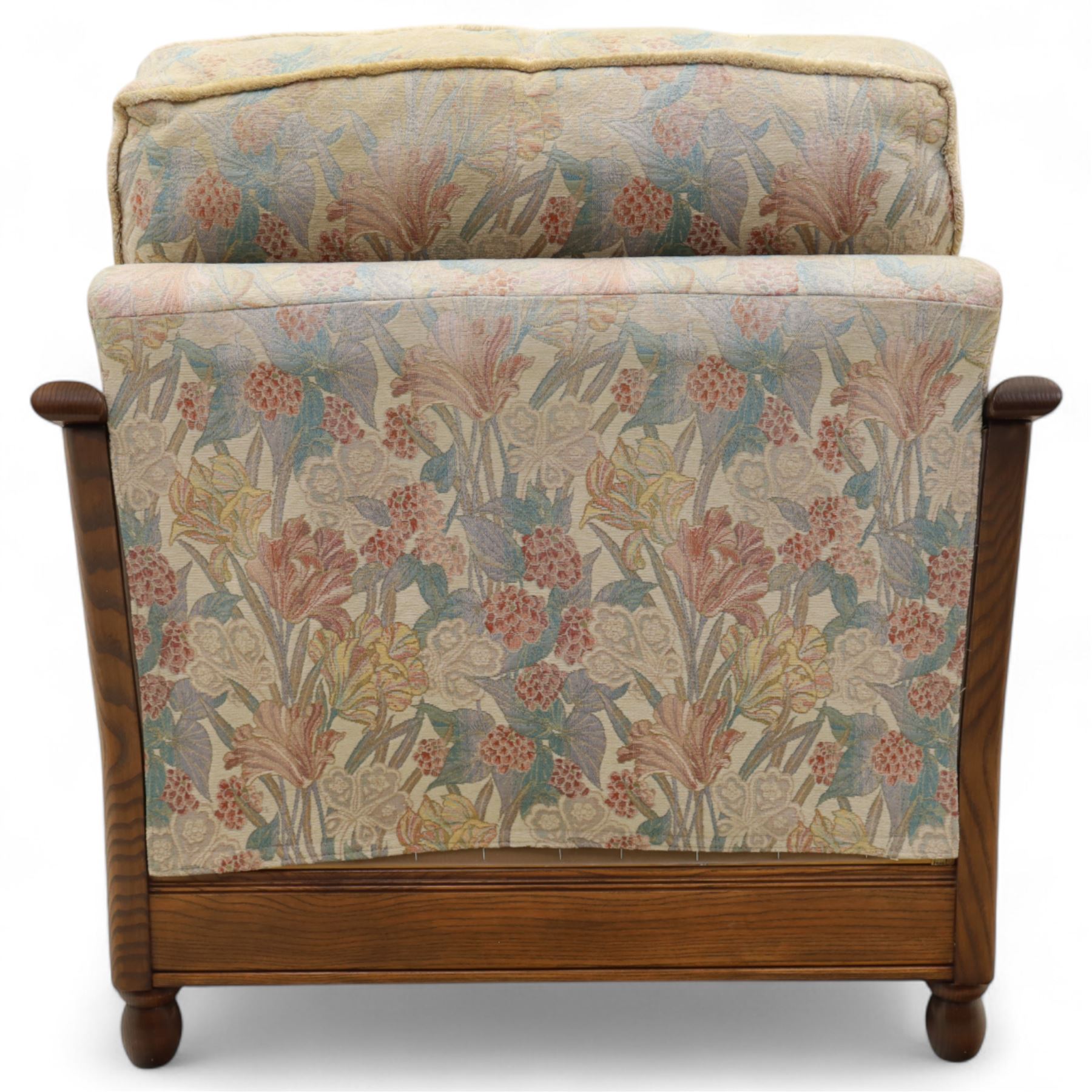 Ercol – bergère four piece suite, including armchair, two seat sofa, three seat sofa and footstool, all with removable floral upholstered cushions, the frames with side caning and rounded arm supports in stained beech

Three seat (H 87cm, D 89cm, W 196cm)
Two seat (H 87cm, D 89cm, W 137cm)
Armchair (H 87cm, D 89cm, W 87cm)
Footstool (H 28cm, D 55cm, W 55cm)