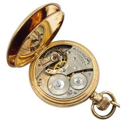 Gold-plated full hunter keyless Traveller pocket watch by Waltham U.S.A, No. 27132975, white enamel dial with Roman numerals and subsidiary seconds dial, with gold-plated Albert chain