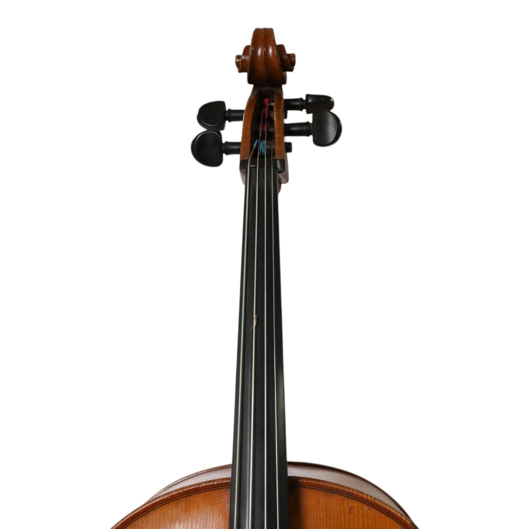19th century cello, with two piece back, ebonised finger board and pegs, contained within Hiscox Lifelite case, cello back length 76cm