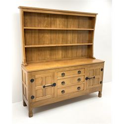 'Lizardman' oak dresser, raised two heights plate rack over adzed top, three central drawers and two panelled cupboards, by Derek Slater of Crayke, W151cm, H166cm, D43cm