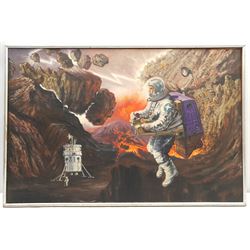 Keith Sutton (British 1924-1991): 'The Rose' - Spacemen Returning to a Devastated Earth and Finding a Single Rose, oil on canvas signed 50cm x 76cm