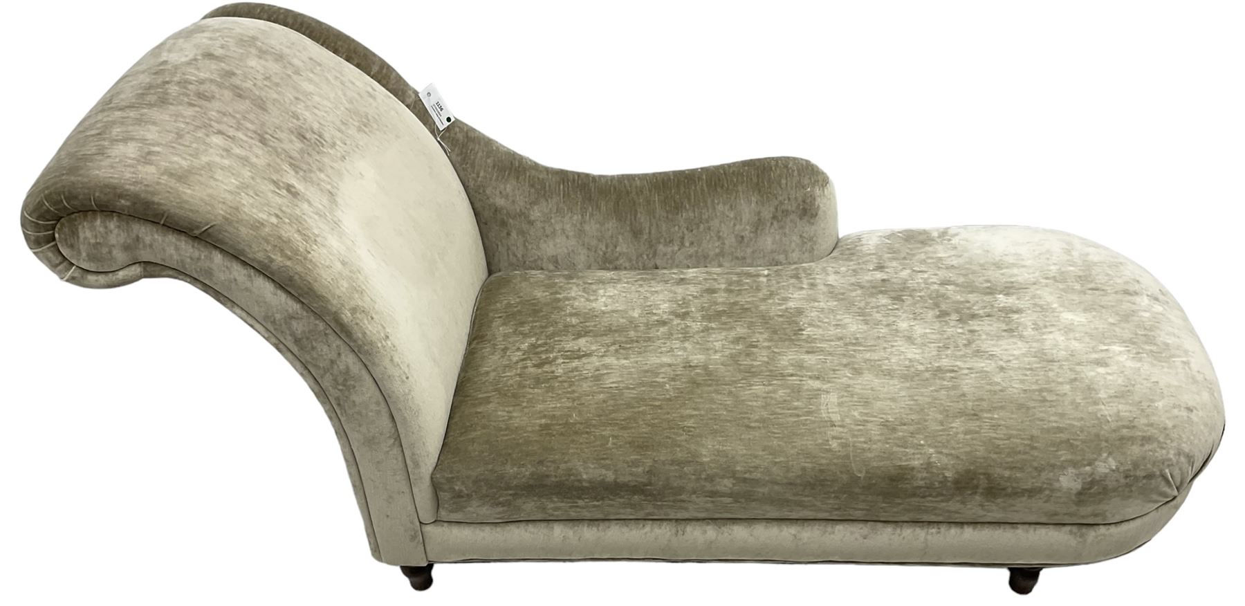 Contemporary chaise longue with scrolled back, upholstered in champagne crushed velvet, on turned feet