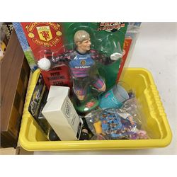 Collection of vintage and later toys and memorabilia to include Merlin’s Football sticker book, boxed child’s electric telephones, Only Fools and Horses money box, four boxed The Promenade Collection dolls etc in two boxes