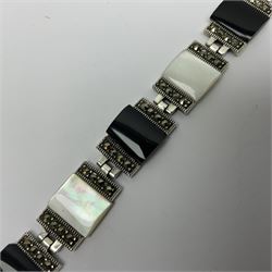 Silver black onyx, mother of pearl and marcasite, rectangular link bracelet, stamped 925 