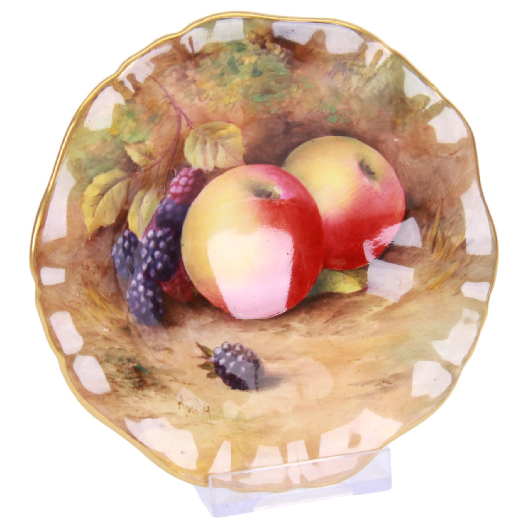 Royal Worcester fruit painted pedestal dish, hand painted with apples and blackberries, signed Moseley, H4cm, D14cm