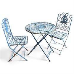 Three-piece French style blue-painted wrought iron garden bistro set, comprising a circula...