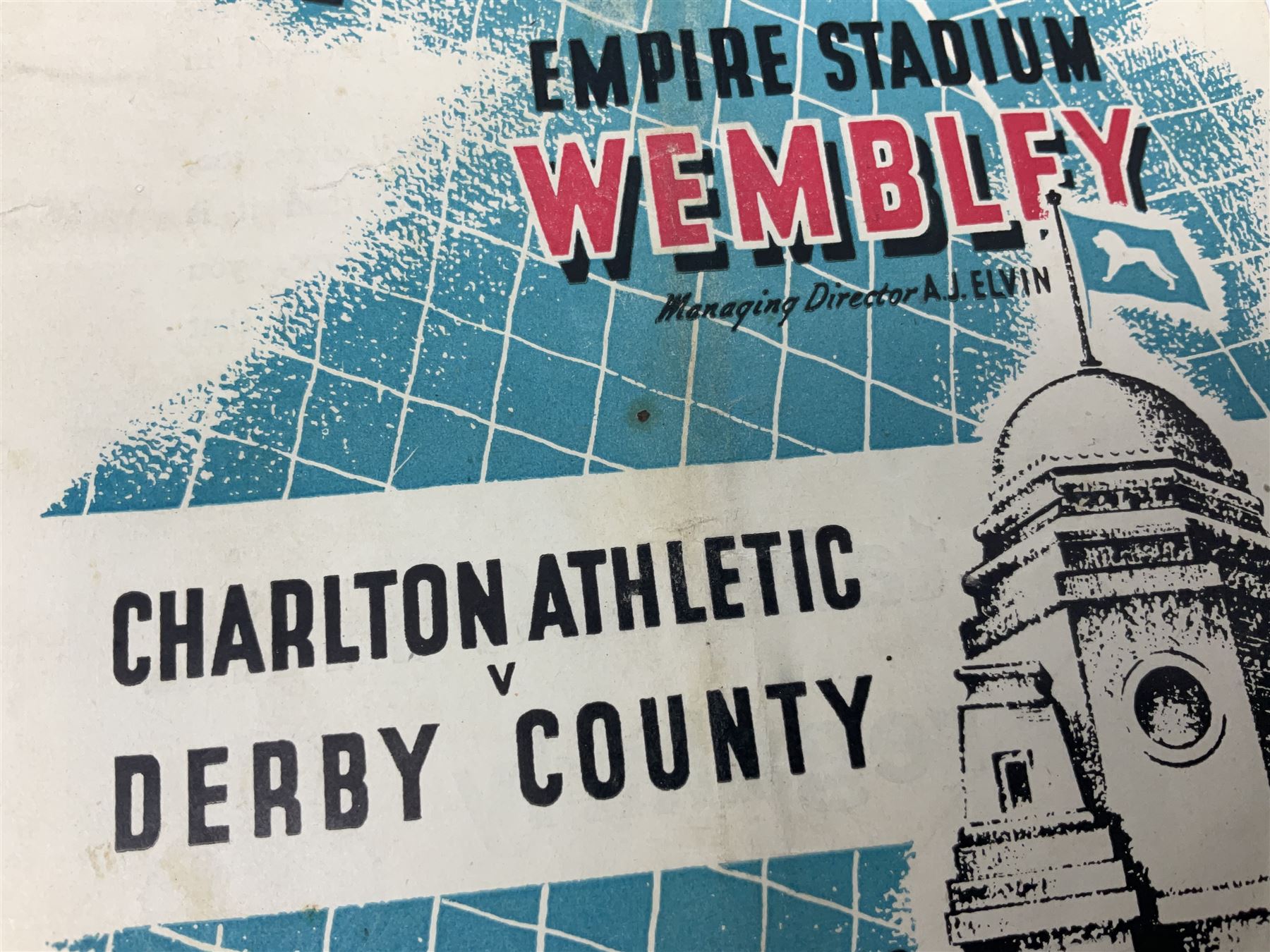 1946 FA Cup Final Charlton Athletic v Derby County football programme played 27th April 1946 at Wembley, signed to the centre pages by Raich Carter above his team name. Provenance: By direct descent from the family of Raich Carter having been consigned by his daughter Jane Carter.