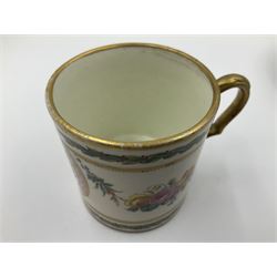 Sèvres soft paste porcelain coffee can and saucer with date code for 1780, painted with pink oval panels bordering bouquets of flowers, united by swags of flowers tied with purple ribbons, within laurel leaf borders, interlaced LL monogram enclosing date letters CC above painters marks for Nicquet, coffee can H7.5cm, saucer D15cm