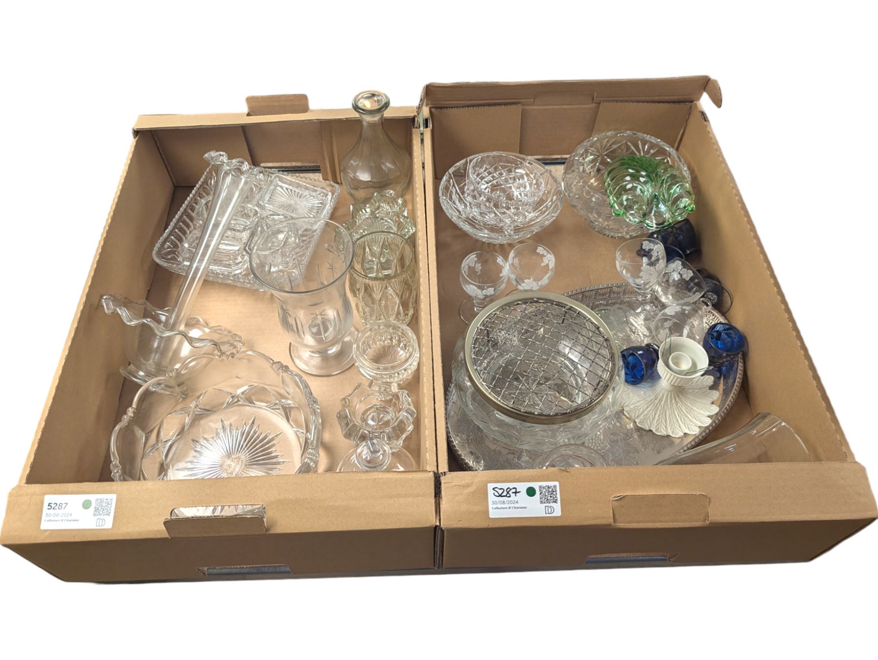 Clear glass epergne, silver plated tray, and a collection of cut and coloured glass ware, in two boxes