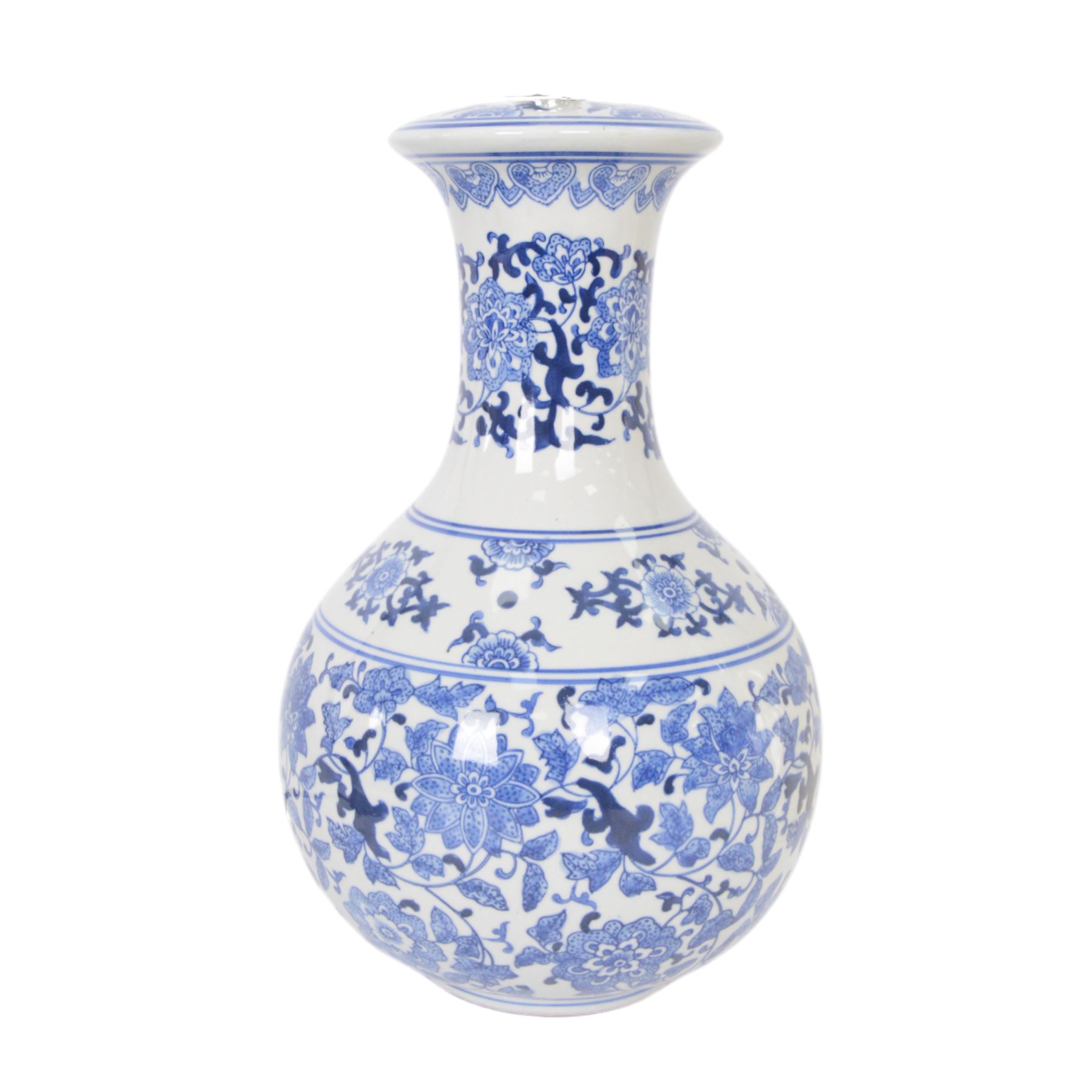 Oriental style blue and white table lamp, with cream shade, H43cm