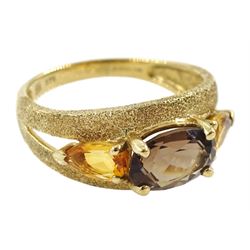 9ct gold three stone oval smoky quartz and pear shaped citrine ring, hallmarked
