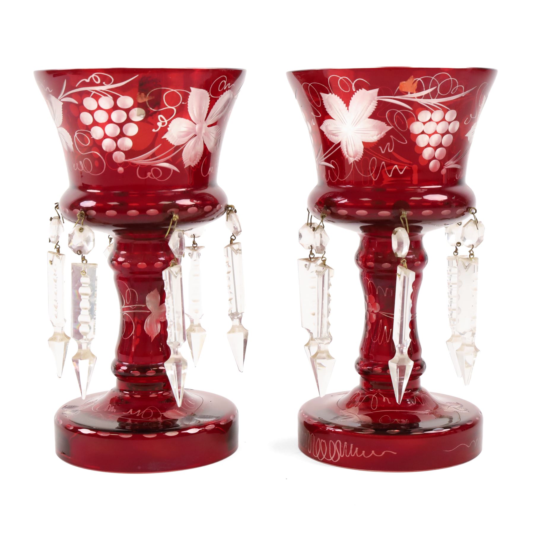 Pair of Victorian ruby glass lustres, with etched grape and vine decoration and clear glass droplets, H22cm 