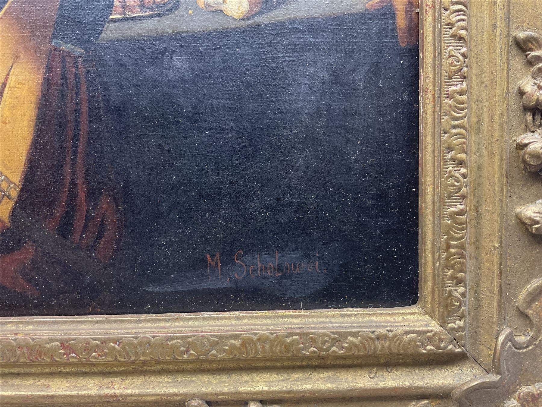 Michael Scholowei (Continental 19th/20th century) after Theodoor Rombouts (Flemish 1597-1637): 'The Card Players', oil on canvas signed 27cm x 38cm