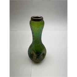 Three Austrian Art Nouveau green iridescent glass bottleneck vases, probably Rindskopf, to include one example with hallmarked silver collar, tallest H18cm (3)