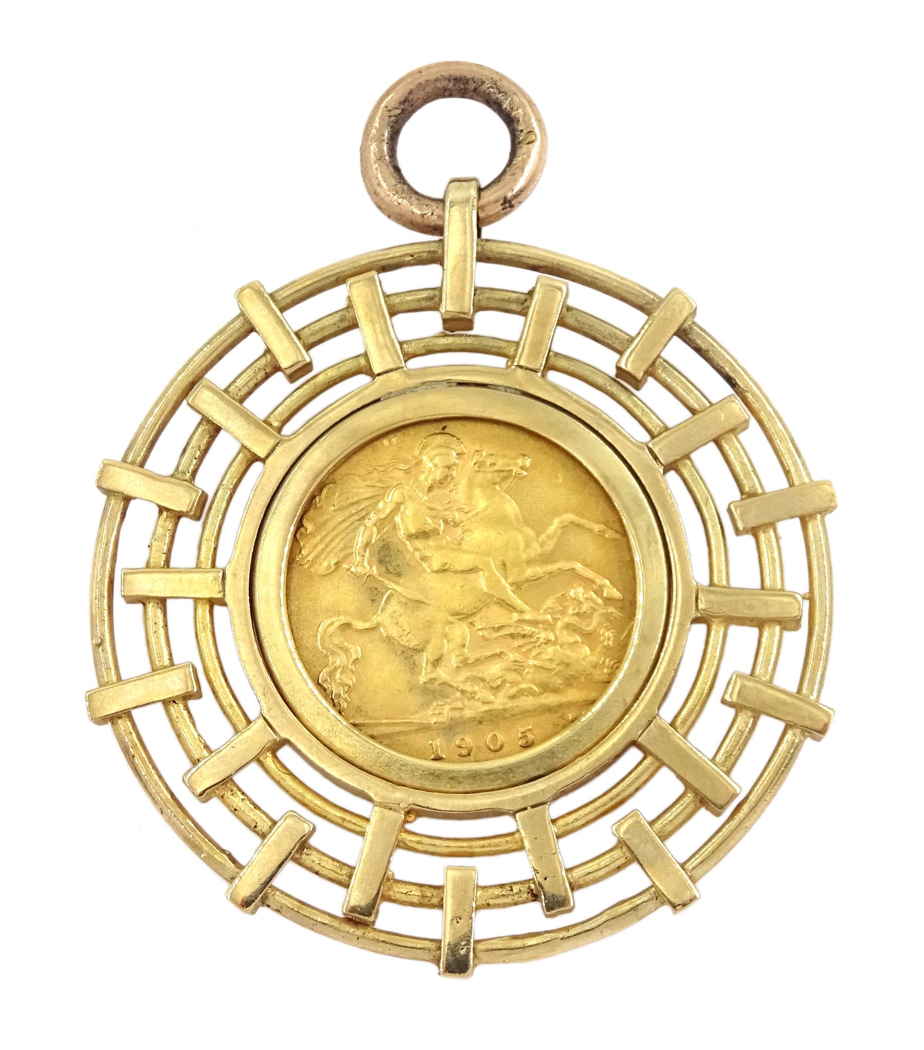 King Edward VII 1905 gold half sovereign coin, loose mounted in 9ct gold pendant, hallmarked