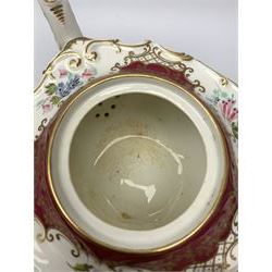 Early 19th century tea service, comprising teapot, six tea cups and six saucers, lidded twin handled sucrier, slop bowl, cream jug, and sandwich plate, decorated with hand painted floral sprays, claret border and gilt foliate detail, a number of pieces marked beneath with pattern no 1190, together with a similar pair of early 19th century teacups and saucers 