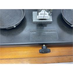 Griffin & George set of laboratory scales in fully glazed hardwood cabinet with rise-and-fall front door L44.5cm H40cm; with beech box of brass weights by Philip Harris & Co Ltd