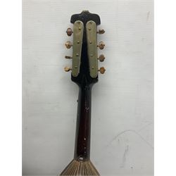 Italian bouzouki type long necked mandolin with segmented lute back and spruce top with tortoiseshell style panels; bears label 'Miroglio & Figli Sicilia Catania Italia' L99cm; and Italian lute back mandolin with segmented back and spruce top bearing label for F. De Mureda Napoli (2)